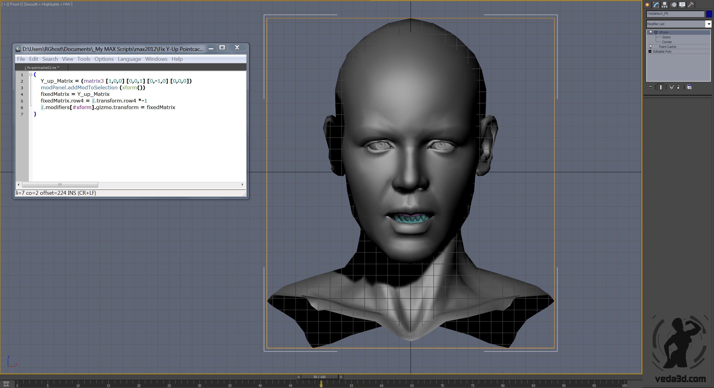 Fixed 3d model of the Veda's head after applied maxscript code snippet